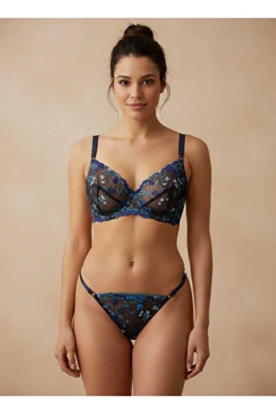 lucien vela Kadın Lacivert Mavi İşlemeli Tül Balenli Desteksiz Sütyen Tanga T...