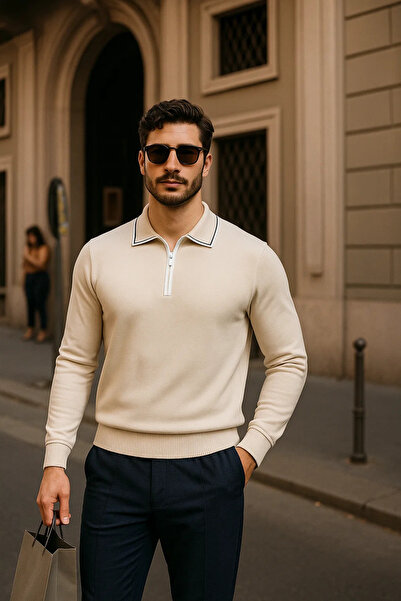 comstar Ανδρικό πλεκτό πουλόβερ με φερμουάρ, μπεζ μακρυμάνικο με λαιμόκοψη πόλο