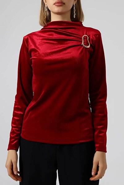 Sabr بلوزة مخملية بياقة نصفية مع مشبك – بلوزة نسائية أنيقة وعصرية