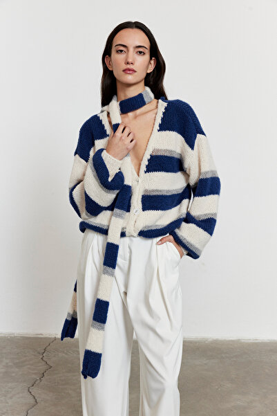 FACETTE Detaliu șal cu dungi supradimensionat Cardigan Albastru