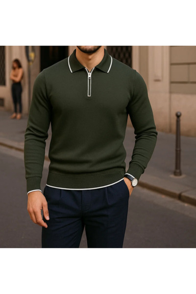 comstar Men's Zippered Khaki Long Sleeve Polo Neck Knitwear Sweater