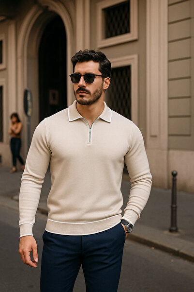 comstar Ανδρικό πλεκτό πουλόβερ με φερμουάρ, μπεζ μακρυμάνικο με λαιμόκοψη πόλο