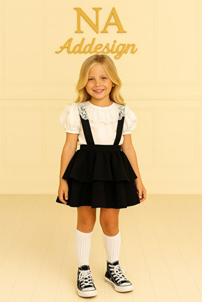 NA ADDESIGN Girl's Double Crepe Salopet Skirt & Lace Blouse Set (Black-Red)