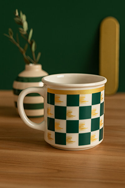 PH Concept Kadıkızı Green Checkmate Set of 2 Porcelain Mugs