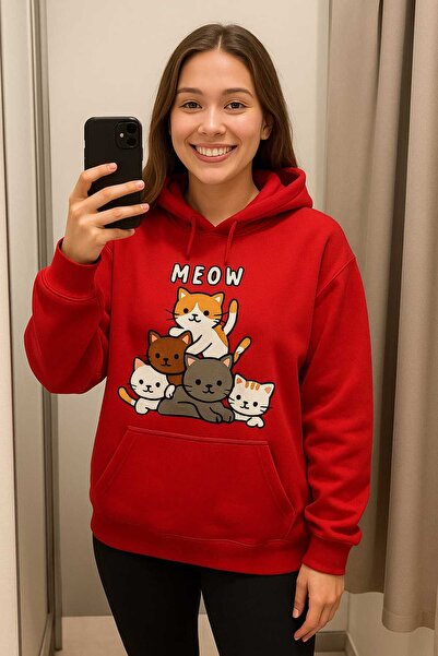 blausee wear Liyadaco Red Oversized Hooded Sweatshirt -Meow Sweet Cats Printe...