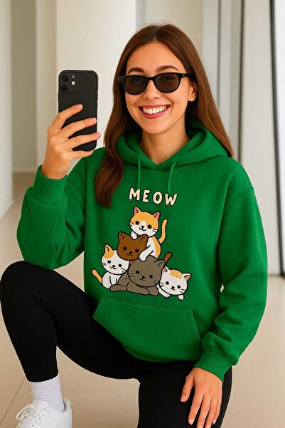 blausee wear LiyAdaCo Green supradimensionat cu glugă Swea tricou -Meow Sweet...