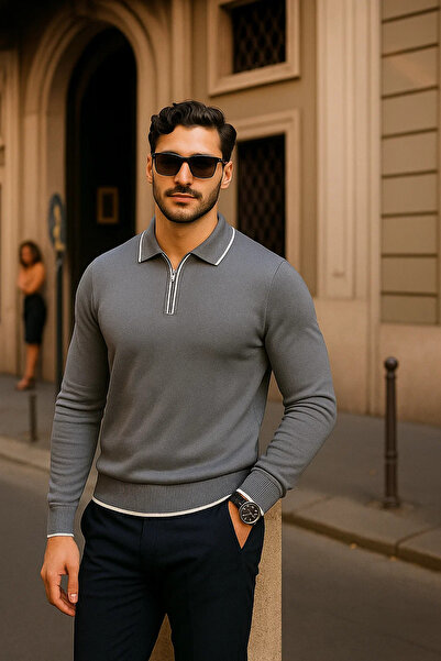 comstar Men's Zippered Smoked Long Sleeve Polo Neck Knitwear Sweater