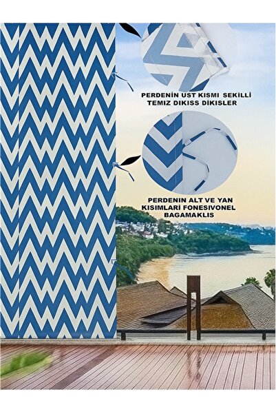 İM&YA Bağcıklı Halkalı Kornişli Mavi-beyaz Zikzak Balkon Perdesi Gölgelik Branda
