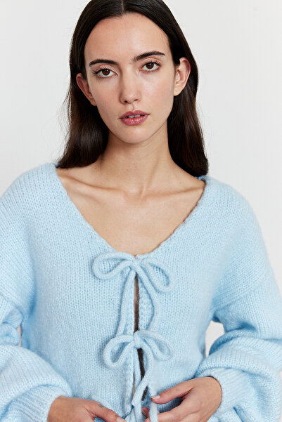 FACETTE Cardigan cu mâneci cu balon cu șireturi Albastru deschis
