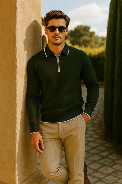 comstar Men's Casual Zippered Khaki Long Sleeve Polo Neck Knitwear