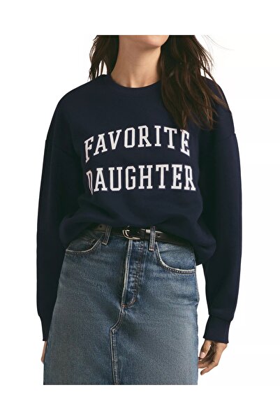 Matcha Butik Women's Oversized Slogan Navy Blue Sweatshirt