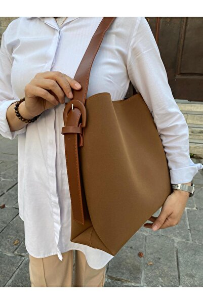 H&D COLLECTİON Tan Suede Buckle Detailed Tan Large Size Women's Shopper Shoulder Bag