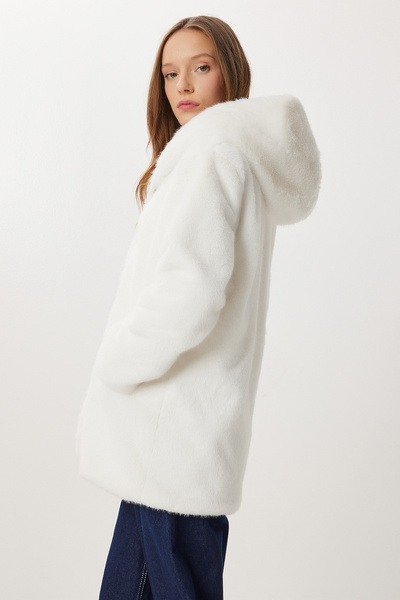Lovelyİstanbul Hooded Faux Fur Coat Lzh0018 Ekru