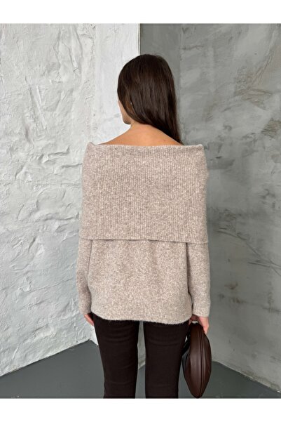 Elif Özbey Butik Mink Open Collar Diamond Pattern Sweater