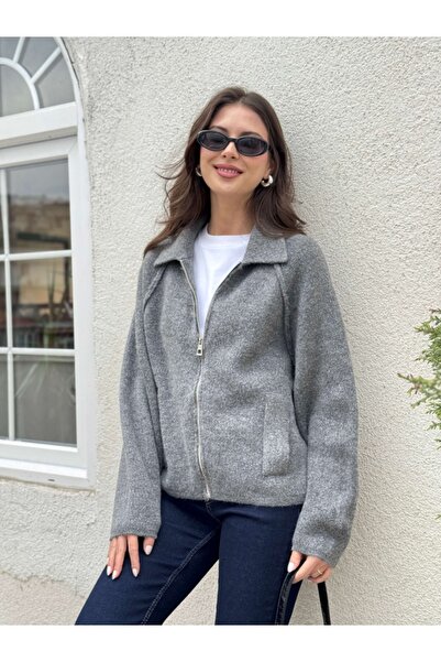 Elif Özbey Butik Gray Polo Neck Zippered Cardigan