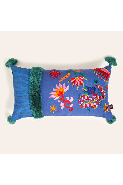 Zsa Zsa Zsu Ghunı Püsküllü Nakışlı Pamuk Dolgulu Kırlent 30x55 Cm Mavi