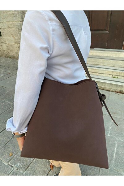 H&D COLLECTİON Brown Suede Buckle Detailed Bitter Brown Oversized Women's Shopper Bag