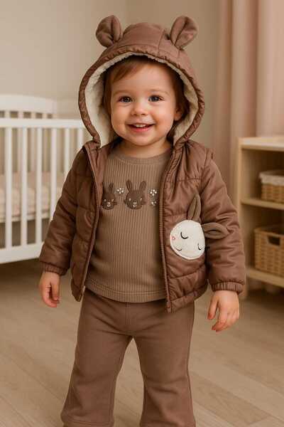 MİLAYS LİFE HOME COLLECTİON Baby Girl 3-Piece Set with Rabbit Embroidery and Pockets, 100% Cotton. Welsoft Lamb Lining Inside the Coat