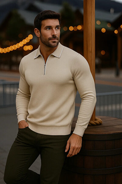 comstar Ανδρικό πουλόβερ με μακρυμάνικο μπεζ γιακά πόλο
