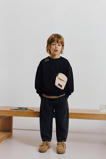 Magu Boys' Cotton Black Baggy Sweatshirt and Wide-Leg Pants Set – Casual Comfortable Style