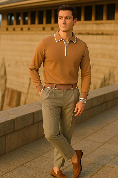 comstar Men's Striped Trend Long Sleeve Coffee Polo Neck Sweater