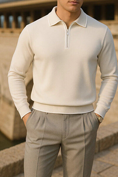 comstar Men's Striped Trend Long Sleeve Cream Polo Neck Sweater