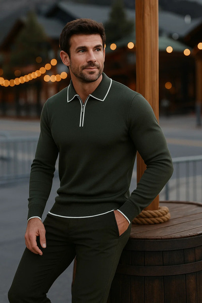 comstar Men's Casual Long Sleeve Khaki Polo Neck Sweater