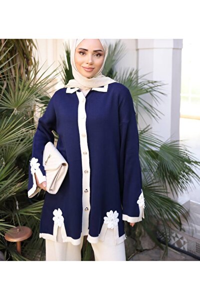 Kirazca Butik Women's Floral Stone Detailed Knitwear Jacket Pants Hijab Set