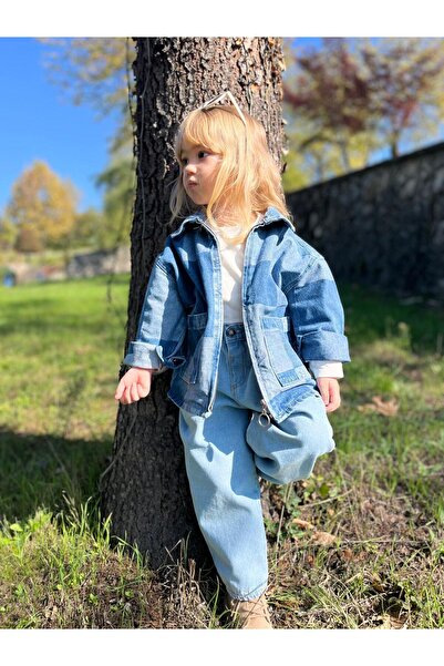 Magu Unisex Children's Cotton Blue Square Patterned Zippered Denim Jacket – Stylish Casual Style