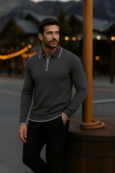 comstar Men's Casual Long Sleeve Smoked Polo Neck Sweater