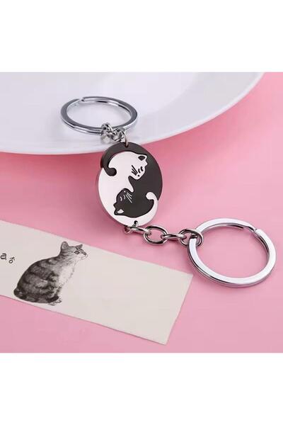 Herşey Nota سلسلة مفاتيح مزدوجة على شكل قطة مستديرة - مجموعة سلسلة مفاتيح معدنية للعشاق والأصدقاء