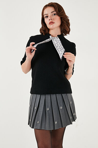 Lela Yün Karışımlı Regular Fit Fularlı Yaka Kısa Kollu Triko Kazak KAZAK 4617023