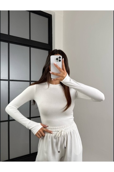Lovely butik Women's Basic Finger-Inserted Cycling Necklace Long Sleeve Blouse Tok Fabric