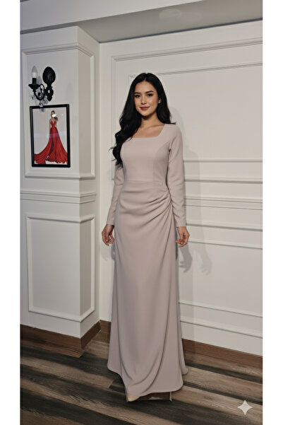 makbuleofficial Krep Kumaştan Drapeli Kare Yaka Uzun Elbise