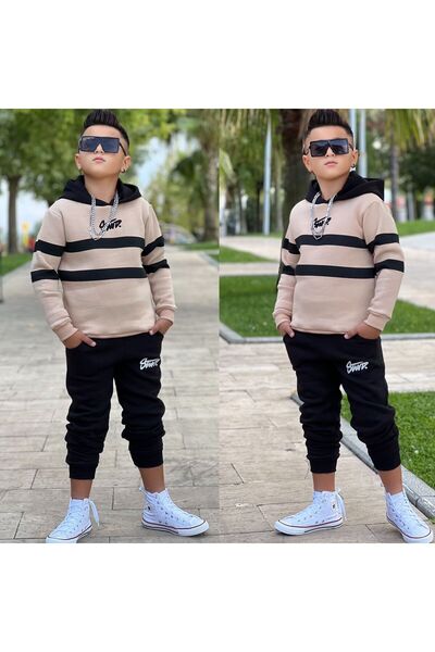 WİKİBOOM Hooded 3-Ply Sha Fleece-Lined Lt Top Boys' Tracksuit Set