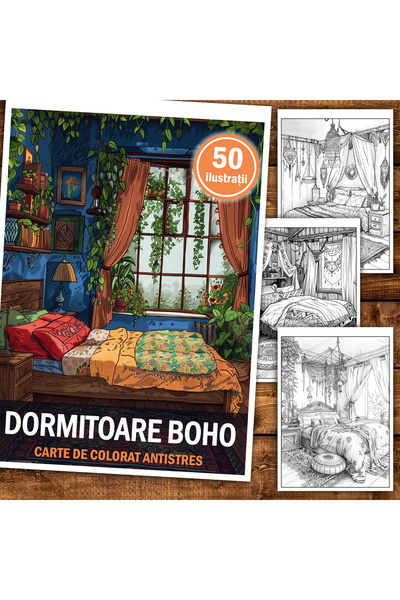 Legendary Gifts Carte de colorat antistres, 50 de imagini Dormitoare Boho, 10...