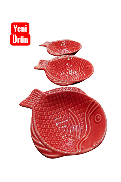 Ganita home Çerezlik 3 lü sunum tabak seti & kahvaltı tabak balık form kırmız...