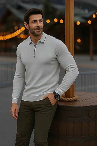 comstar Men's Casual Long Sleeve Gray Polo Neck Sweater