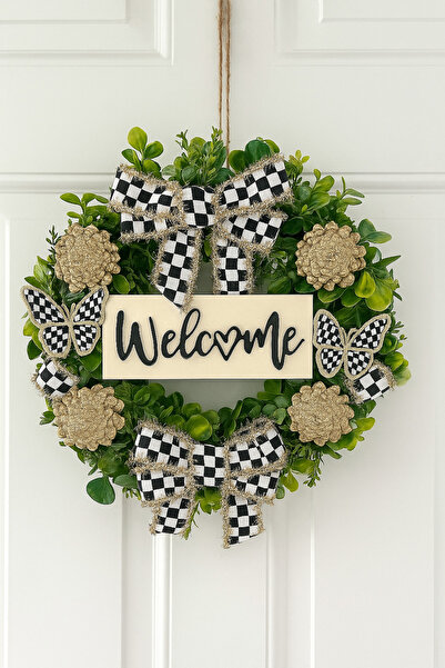 Marrone Welcome Yazılı Kapı Sisü Damalı Simli Gold Kelebek Kurdele