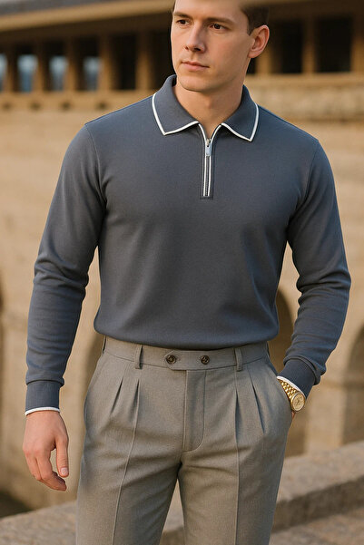 comstar Men's Striped Trend Long Sleeve Smoked Polo Neck Sweater