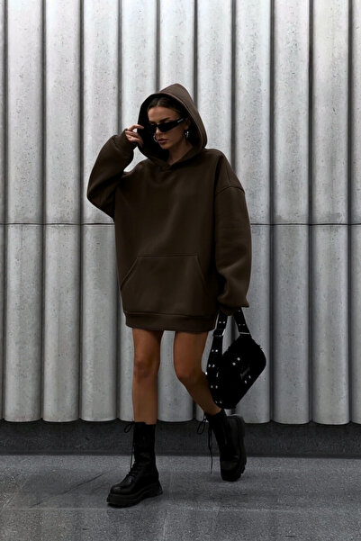 GUARAZ Унисекс кафява мека материя, широка кройка, подплатена с флис, суитшърт с качулка