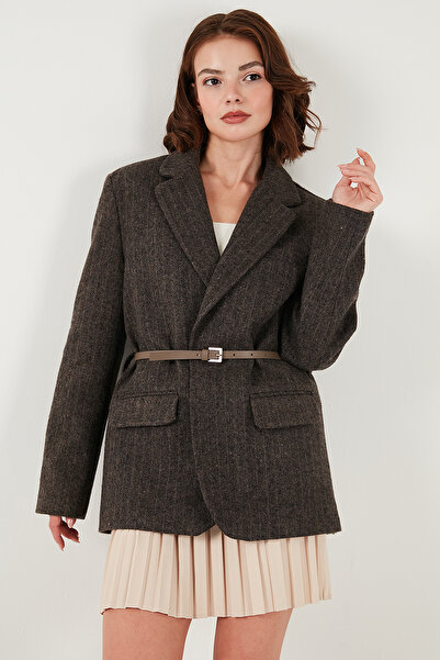 Lela Striped Wool Blend Oversized Fit Double-Breasted Collar Belted Jacket Jacket 6839634