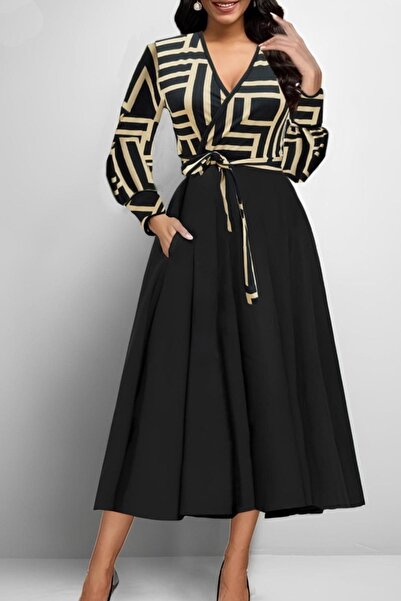 dk denemekabini Ženska haljina dugih rukava Kruvaze izrez Diver Krep Midi vis...