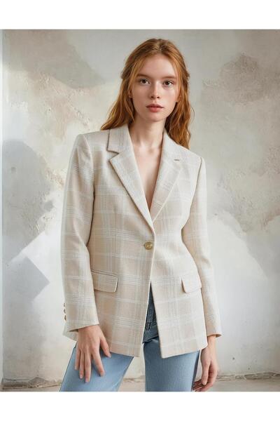 the blazer obsessed Women's Cream White Plaid Gold Buttoned Blazer Jacket