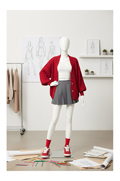 Namaste Vintage Red Color Knit Detailed Balloon Sleeve Knitwear Cardigan