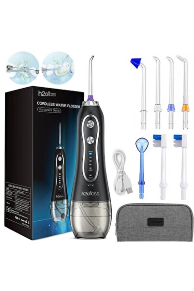 h2ofloss Irigator oral portabil profesional, cu filet dentar, negru, 300 ml, ...