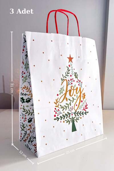 Hayal.kirtasiyesi Yılbaşı desenli karton çanta 3 adet 12x25x31 cm hediye çantası, karton poşet, yılbaşı dekoru
