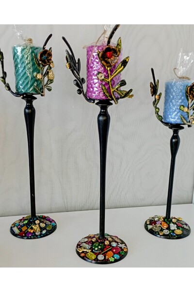 Happy tasarımlarr 3 lü paslanmaz çelik mumluk ferforje mumluk uzun mumluk