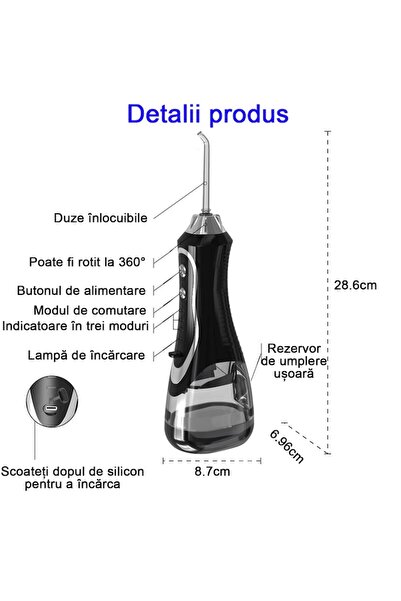 NUODWELL Portable Professional Oral Irrigator - 7 Nozzles, 45-130 PSI, 300ml, 3 Modes, IPX7, Black