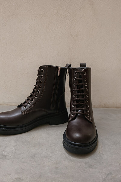 MİLOS Footwear Kadın Kahverengi Cilt Bağcık Ve Fermuarlı Postal Bot